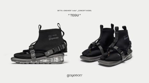 足袋一体型スニーカー「unda-雲駄 TEGU」ブラックモデルの製品ビジュアル。goyemonによるコンセプトモデル。