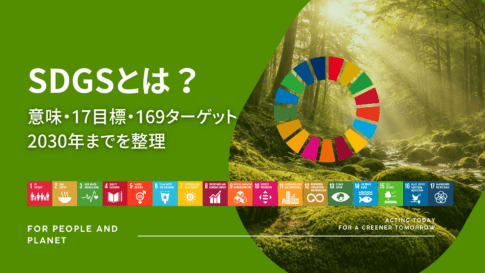 森と苔の自然風景にSDGsのカラーホイールと「SDGsとは?意味・17目標・169ターゲット 2030年までを整理」の文字を配置したアイキャッチ画像