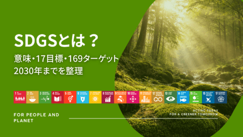 森と苔の自然風景に「SDGsとは?意味・17目標・169ターゲット 2030年までを整理」の文字を配置したアイキャッチ画像