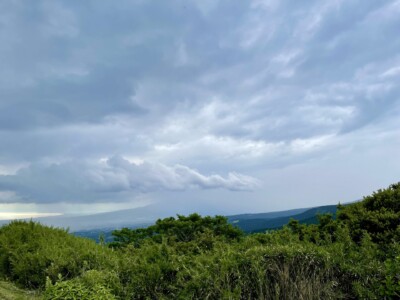信濃国と甲斐国方面の風景。前景には濃い緑の低木が広がり、背景には広大な山並みと曇り空が広がっています。厚い雲が空を覆い、雲の隙間からわずかに光が差し込んでいます。