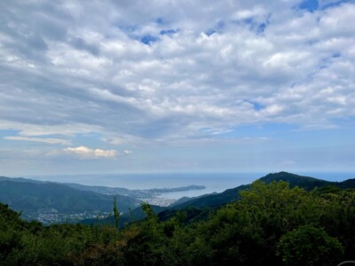 武蔵国、下総国、相模国方面の風景。緑豊かな山々が広がり、その先には町と海が見えます。空には雲が広がり、所々に青空が覗いています。遠くには水平線が見え、自然の美しさが際立っています。